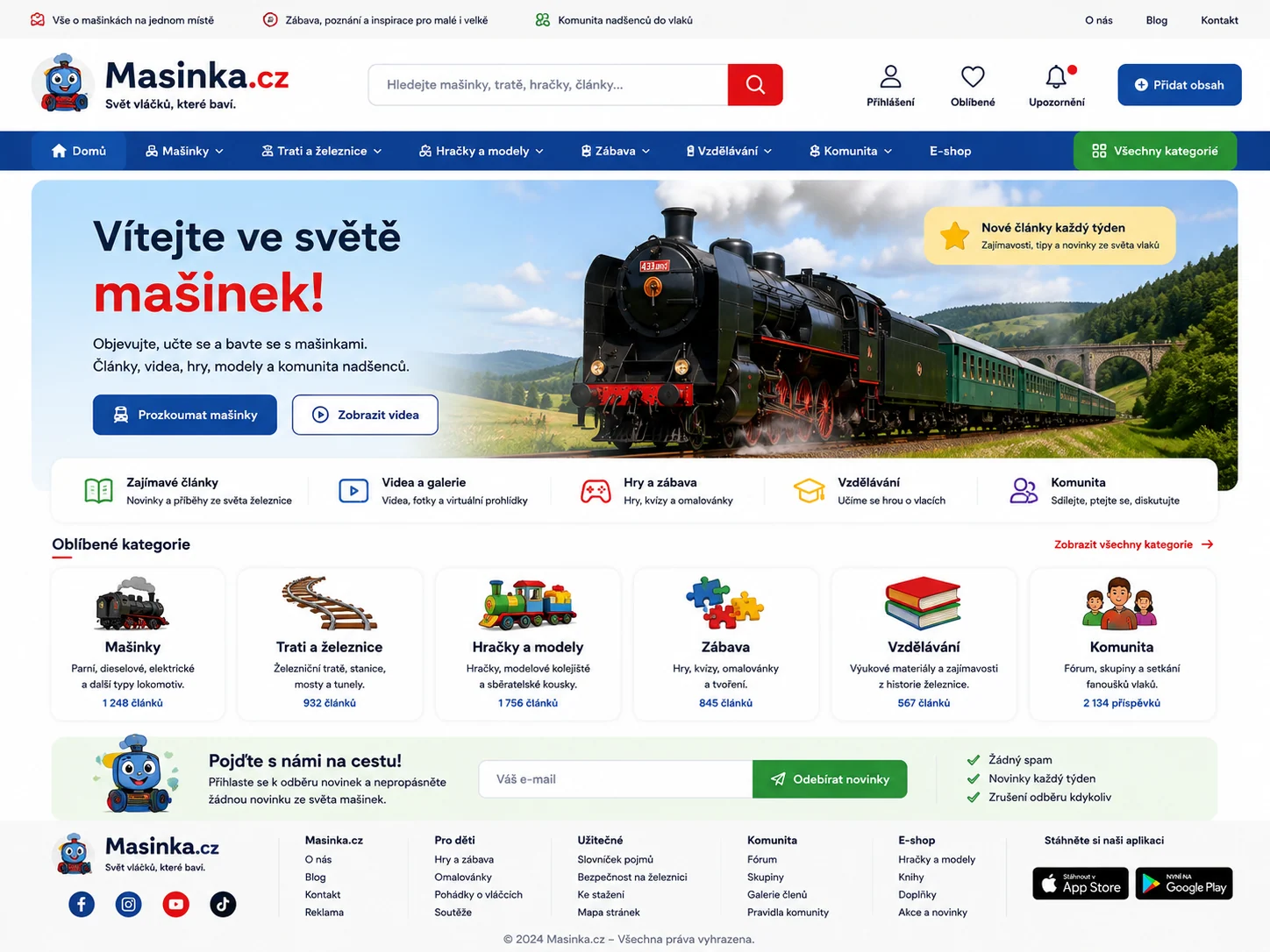Vizuální návrh možného projektu Masinka.cz zaměřeného na vlaky, modely a rodinné železniční zážitky